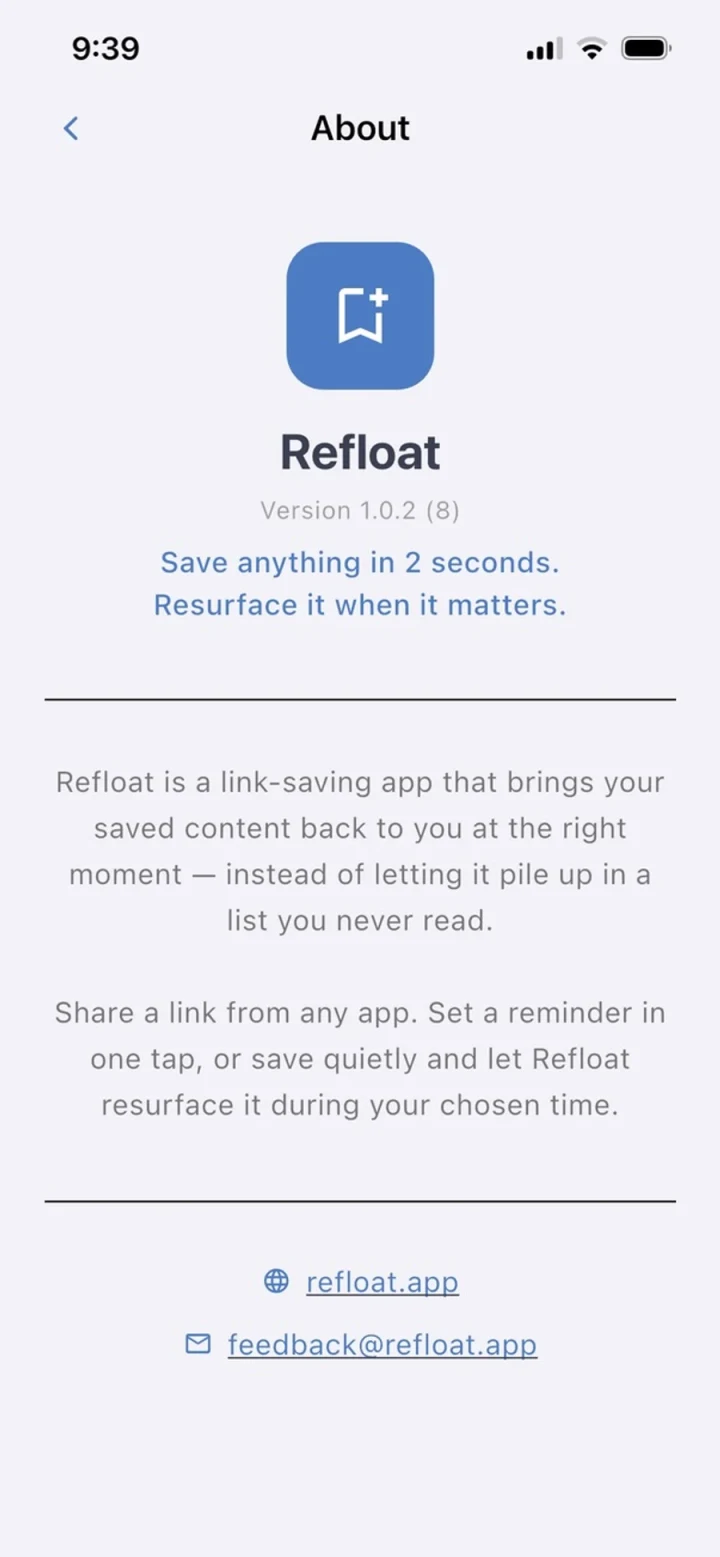 Refloat About screen describing two-second save and resurfacing